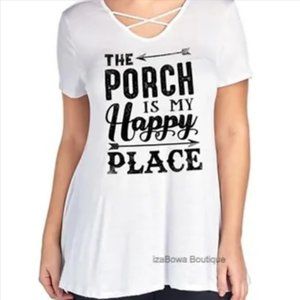 White "The Porch is my Happy Place" Design Shirt  T1438 NWT Boutique